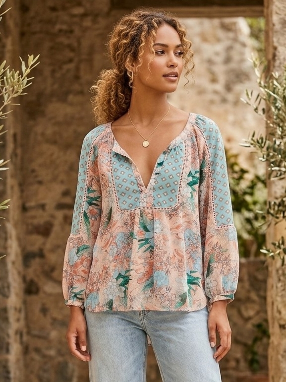 Boho Floral V-Neck Peasant Blouse - Pastel Peach & Aqua